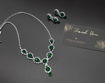 Conjunto de collar y pendientes de cristales de esmeralda, conjunto de joyería nupcial