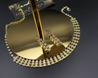 Gold Rhinestone Choker & Earring Set, Bridal Jewelry