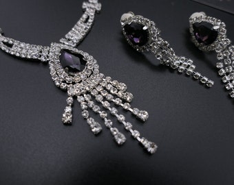 Purple Amethyst crystals necklace clip on earrings set,  Crystal Bridal Necklace and Earrings, Wedding Jewellery Set