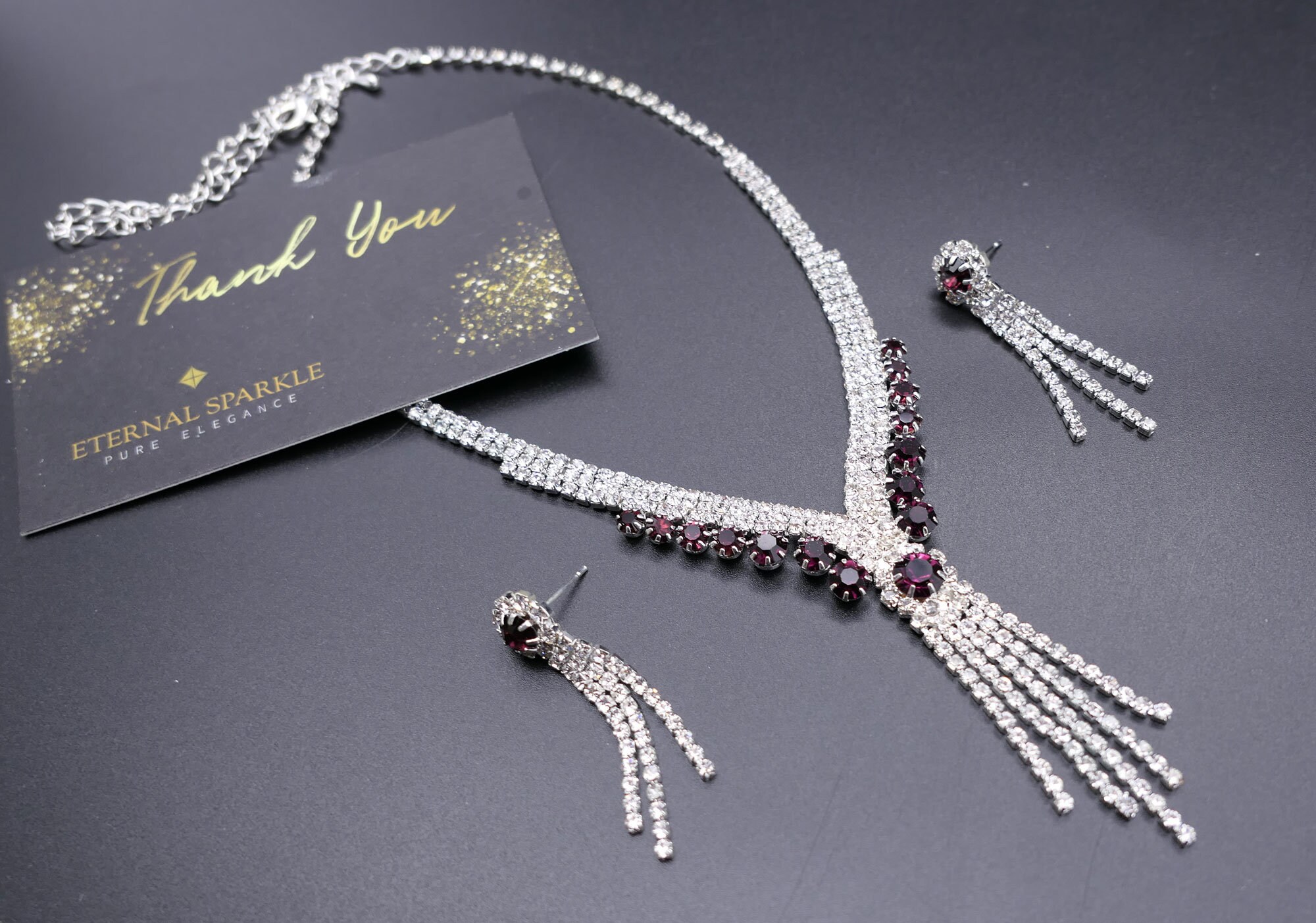 Opulent Purple Dark Amethyst necklace earrings set,  Tassel Crystal Bridal Necklace and Earrings, Collar Wedding Jewellery Set