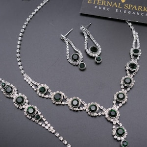 Emerald Green & Clear crystal necklace earrings Bracelet set, Crystal Bridal Necklace and Earrings, Wedding Jewellery Set