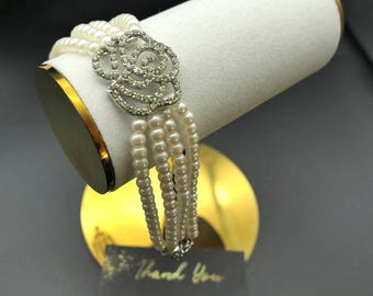 Pearl Bracelet: Silver Crystal Flower, Art Deco Bridal Jewelry