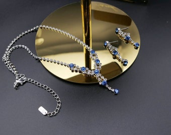 Sky Blue Sapphire Crystal Necklace and Earrings Set, Bridal Jewelry