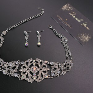 Vintage Crystal Choker Necklace and Earrings Set, Victorian Bridal Jewelry
