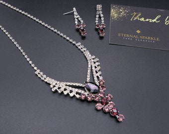 Purple Amethyst crystals necklace earrings set,  Crystal Bridal Necklace and Earrings, Wedding Jewellery Set