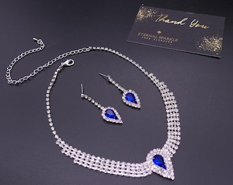 Royal Blue necklace set, Bridal Necklace set, teardrop set, Bridal Necklace and Earrings set, wedding jewellery Bridal Jewellery set