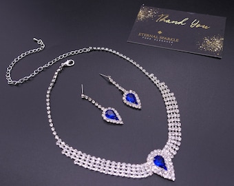 Royal Blau Halskette Set, Braut Halskette Set, Teardrop Set, Braut Halskette und Ohrringe Set, Hochzeit Schmuck Brautschmuck Set