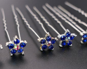 Blue Flower Crystal Hairpins , Bridal Hair Pins , Set of 6 Sapphire Hair accessories