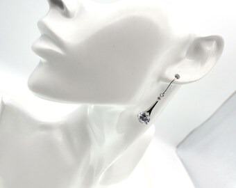 White Gold Plated Cubic Zirconia Drop Earrings - Bridal, Bridesmaids