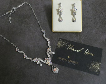 Crystal Bridal Necklace and Earrings Set, Antique Silver Wedding Jewelry