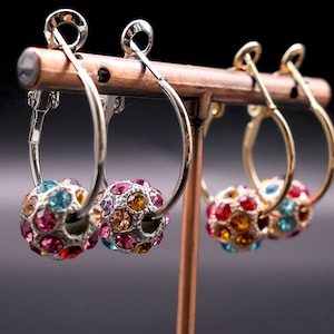 Gold Crystal Hoop Earrings , Shamballa Crystal ball earrings