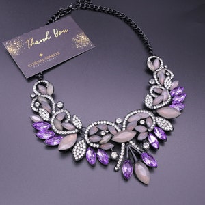 Stylish crystal gems statement bib necklace, Black gems, rhinestones diamantes Purple pink gems, Black chunky metal chain Jewellery fashion