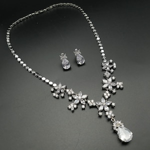 Bridal CZ Necklace Set , Necklace Earrings Jewelry Set , Gold Plated Set , Wedding Jewellery Set