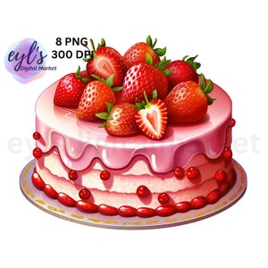 Erdbeerkuchen Clipart, 8 hochwertige PNG-Bundle, Sommer Obst Essen Bild, süßes Dessert Geburtstagskarte machen, druckbare Cupcake Kunst, Handwerk