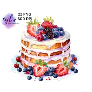 Aquarell bunte Obstkuchen-Cliparts, 22 hochwertige PNG-Bündel, alles Gute zum Geburtstag-Kuchenbild, Regenbogen-Einladungskarte, Junk-Journal-Bastelkunst