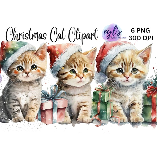 6 Watercolor Christmas Cat Clipart, Cute Animal Clipart, Winter Holiday PNG, Kitten with Santa Hat, Commercial Use, Printables, Card Making