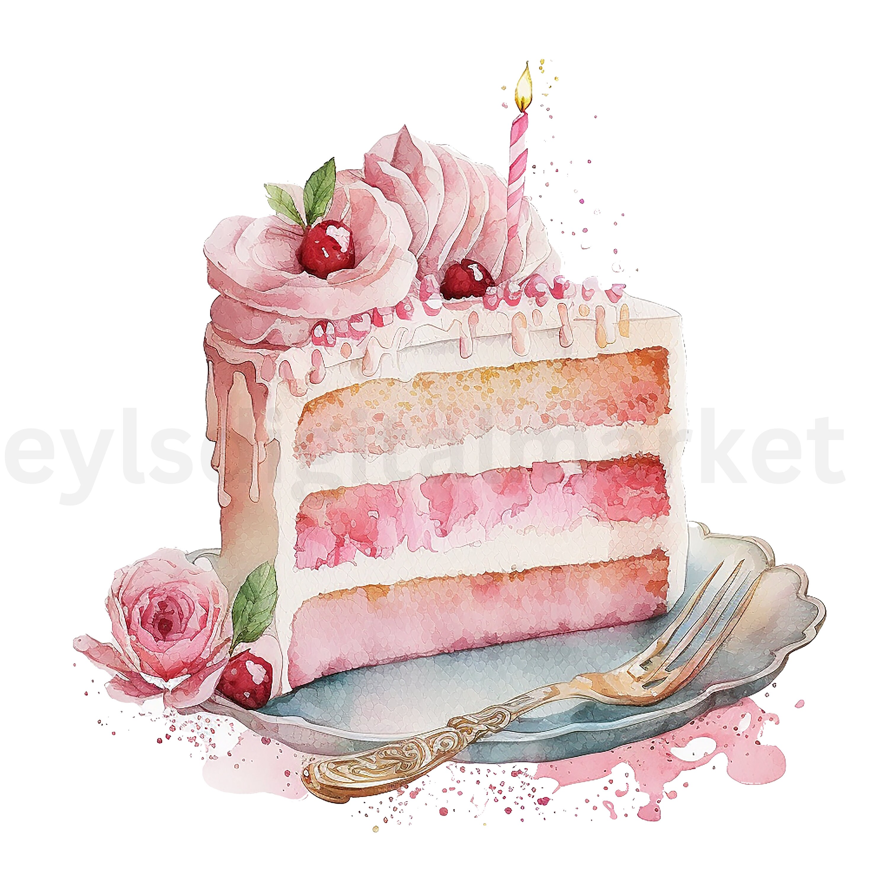 Watercolor Pink Birthday Party Cake Present Balloons Clipart Bundle of ...