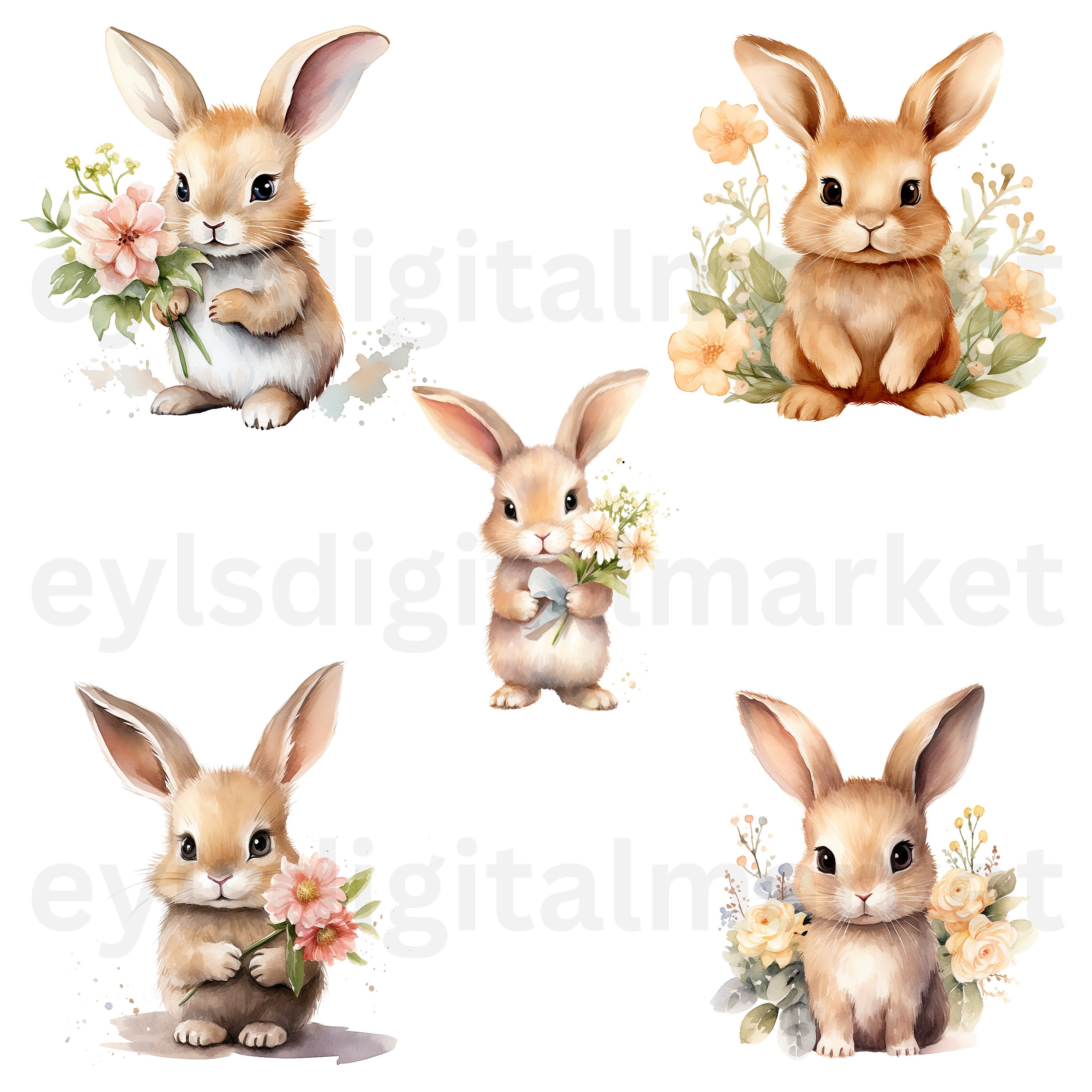 Watercolor Cute Bunny With Flowers Clipart, 22 High Quality PNG Bundle ...