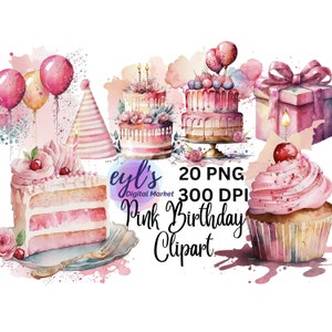 水彩ピンクの誕生日パーティーケーキプレゼント風船クリップアート 20 個セット、女の子の誕生日パーティー PNG、商用利用、カード、デジタルダウンロード