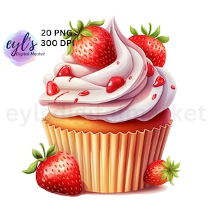 Clipart cupcake alla fragola, pacchetto PNG di alta qualità da 20, torta di compleanno rosa acquerello carina, immagine di celebrazione del compleanno estivo per uso commerciale