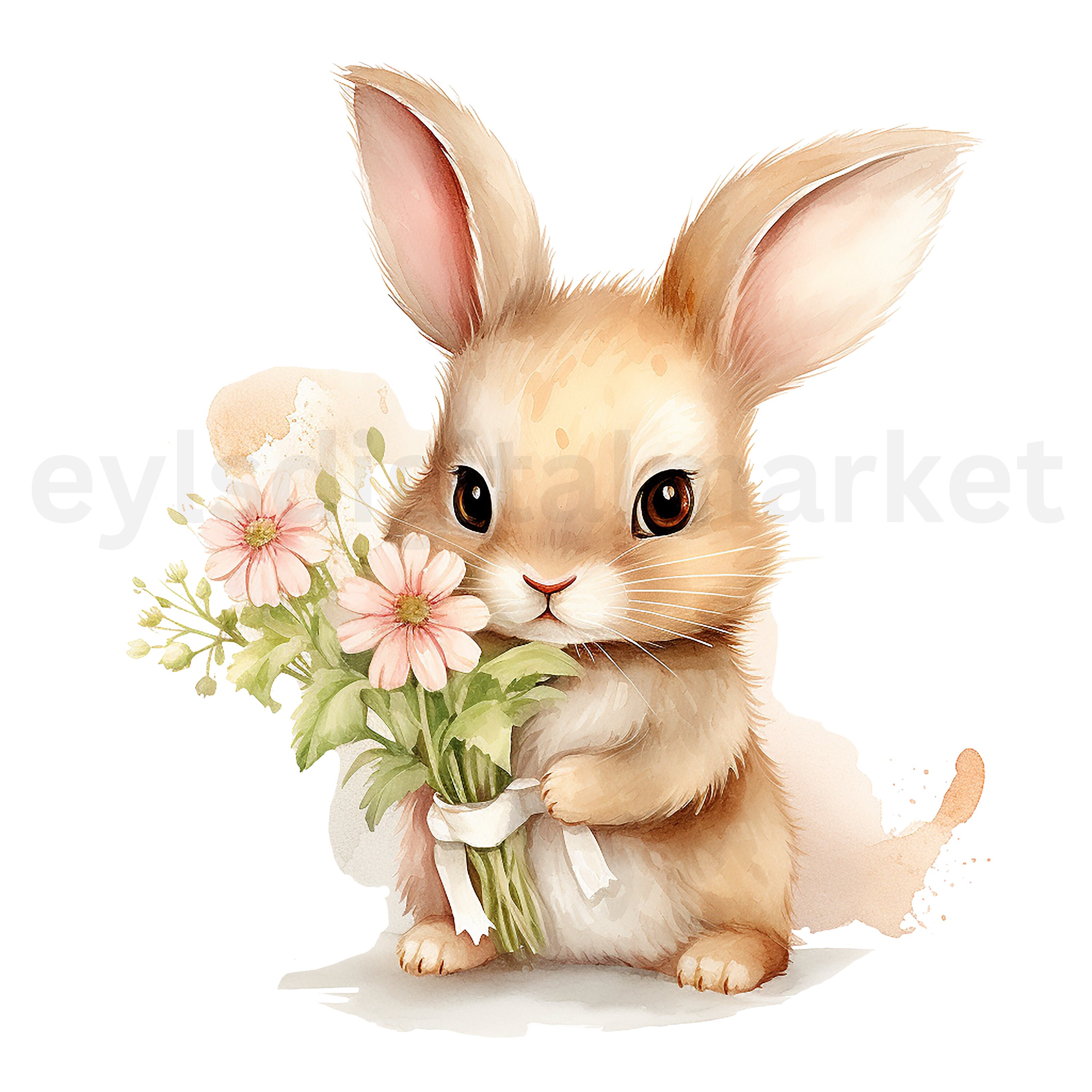 Watercolor Cute Bunny With Flowers Clipart, 22 High Quality PNG Bundle ...