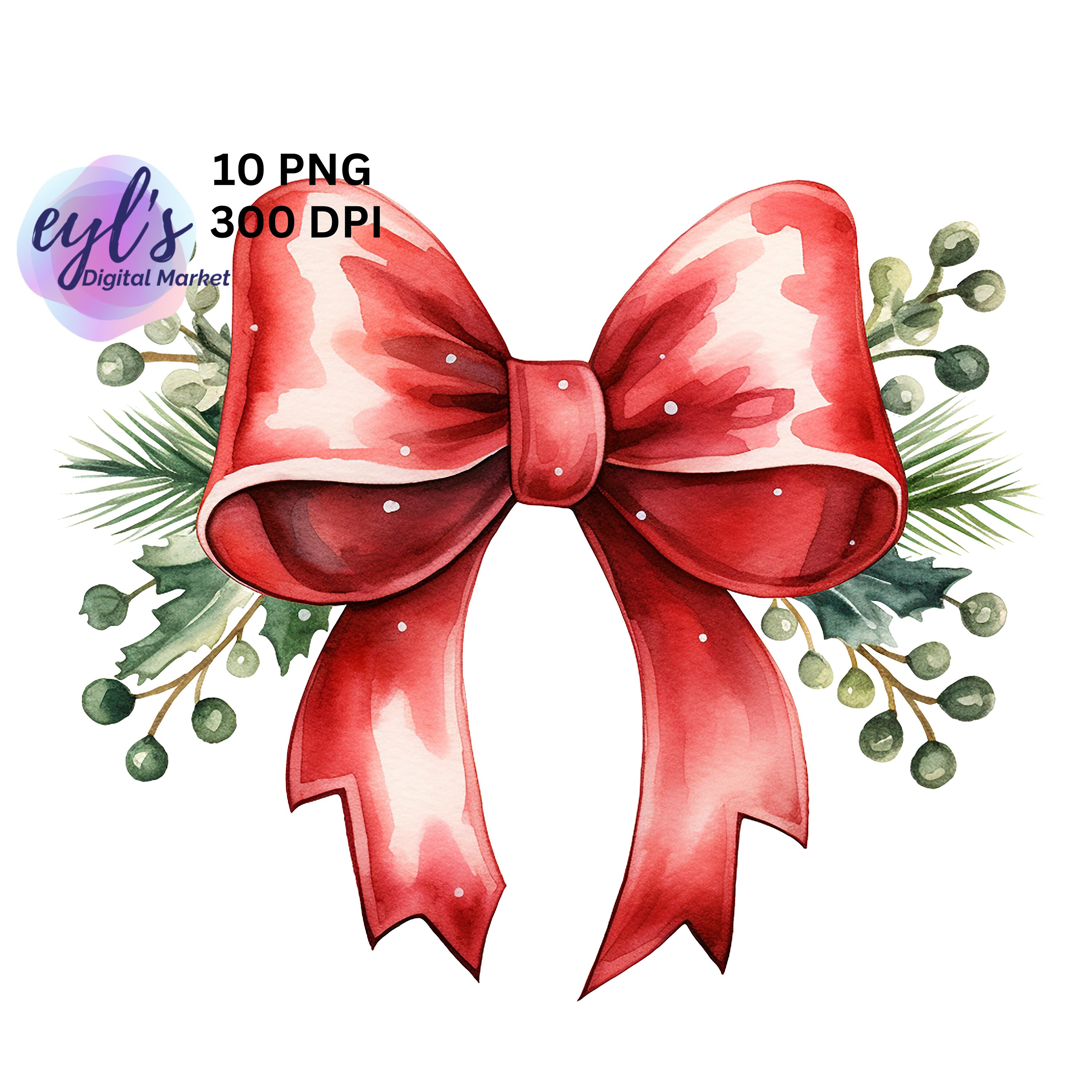 Watercolor Cute Christmas Bow Clipart, 10 High Quality PNG Bundle ...
