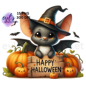 Happy Halloween Bat Clipart, 15 wysokiej jakości pakietów PNG, Vintage Halloween Print, Cute Bat and Pumpkin Invitation Card, Commercial Use Image