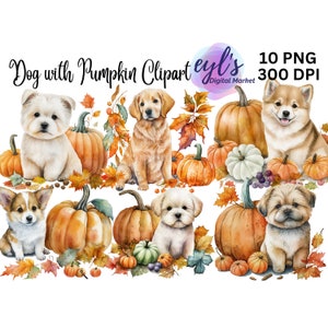 10 akwarelowych psów z dyniami Clipart, słodkie zwierzę szczeniak, jesień jesień PNG, Święto Dziękczynienia Halloween Clipart, komercyjne zastosowanie, do druku, karta