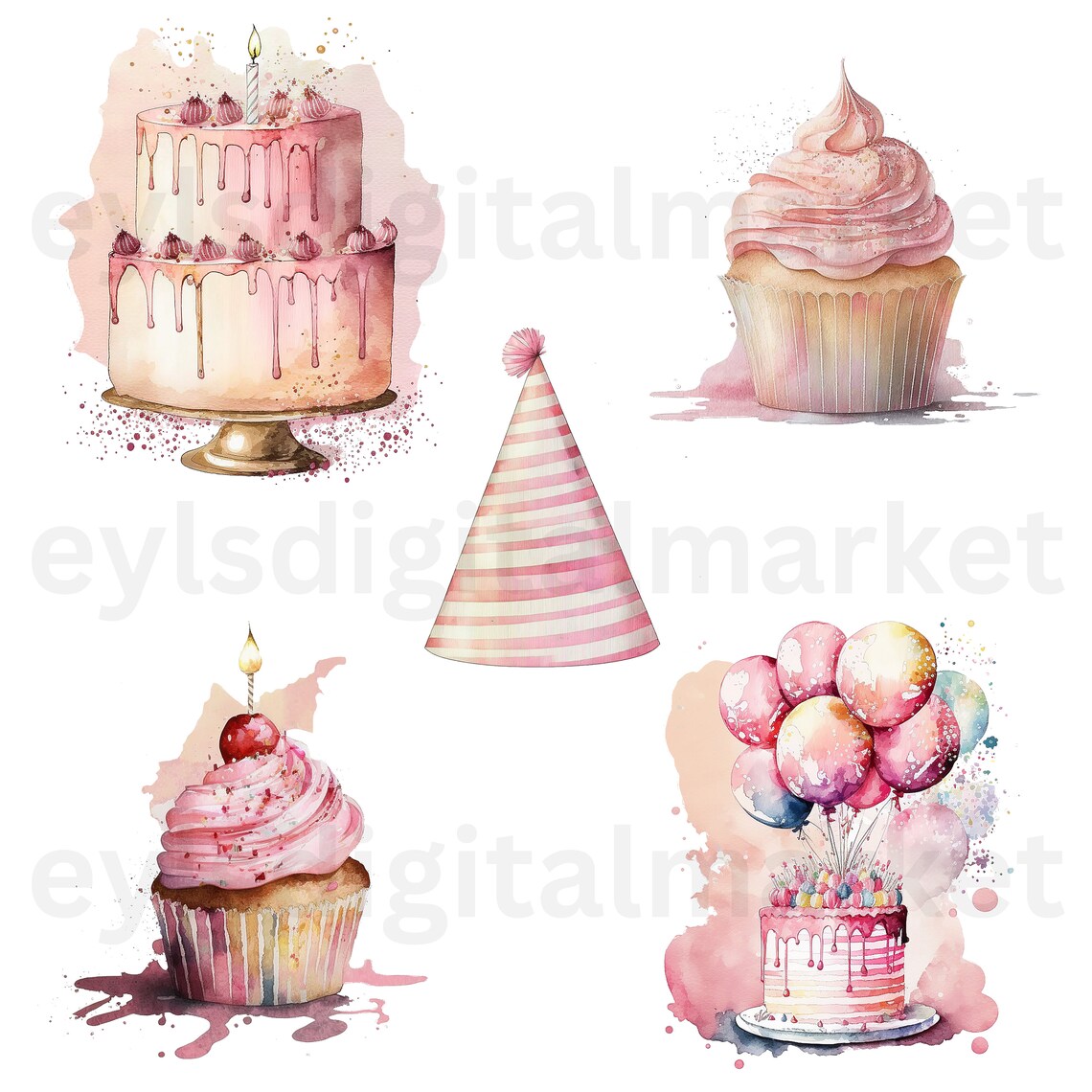 Watercolor Pink Birthday Party Cake Present Balloons Clipart Bundle of ...