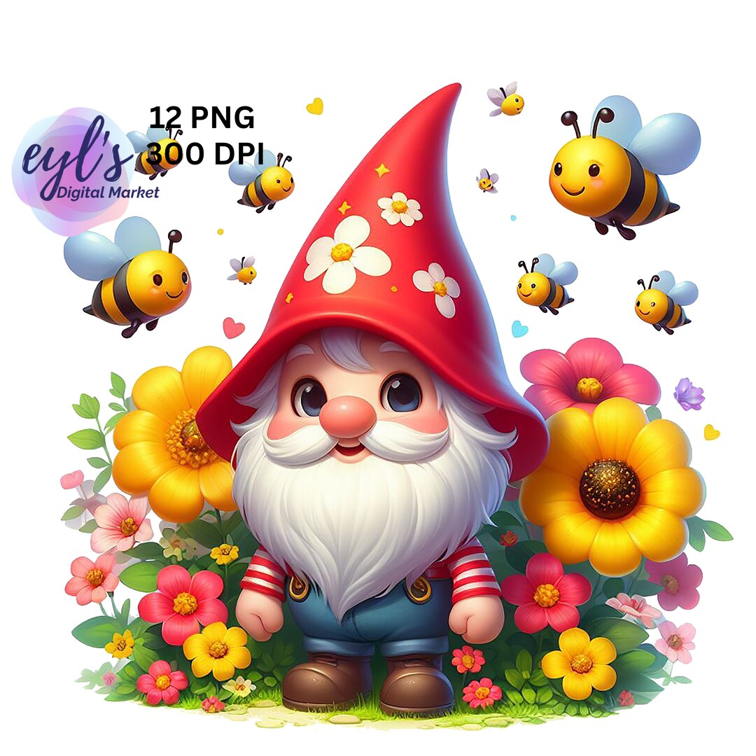 Watercolor Cute Bumble Bee Gnome Clipart, 12 High Quality PNG Bundle ...