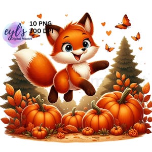 Automne renard mignon Clipart, lot de 10 PNG de haute qualité, renard automne avec pull, aquarelle bébé animal des bois, décoration citrouille de Thanksgiving