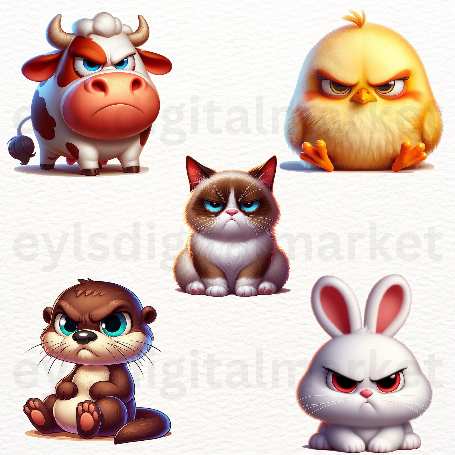 Funny Grumpy Animals Clipart, 23 High Quality PNG Bundle, Cartoon Pet ...