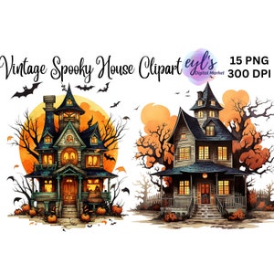 Watercolor Vintage Spooky Halloween Haunted House Bundle Clipart, Halloween Porch PNG, Scrapbook, Paper Crafts, Digital Files Commercial use