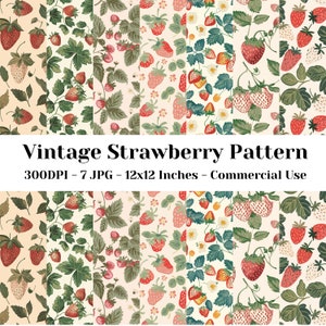 Paquet de papier numérique vintage aux fraises, lot de 7 fichiers JPG de haute qualité, page de scrapbooking à motif transparent, feuille de fond printanière à usage commercial