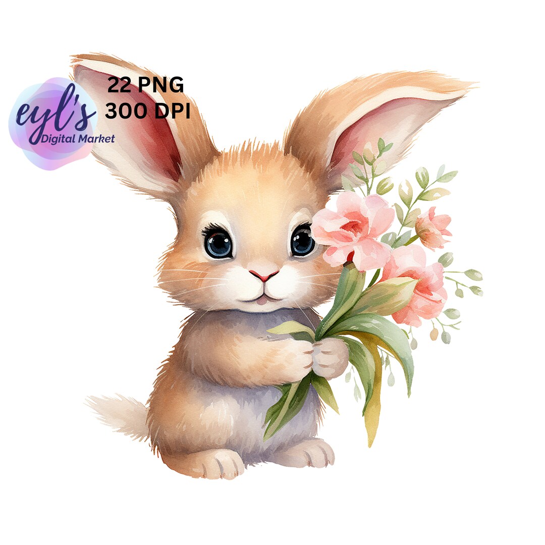 Watercolor Cute Bunny With Flowers Clipart, 22 High Quality PNG Bundle ...