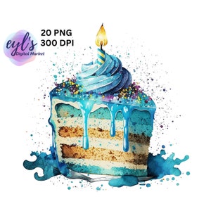 Aquarela azul festa de aniversário bolo presente balões clipart pacote de 20, meninos festa de aniversário PNGs, uso comercial, cartão, download digital