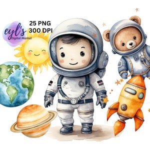 Watercolor Cute Space Clipart, 25 High Quality PNG Bundle, Sun Alien Spaceship Image, Nursery Wall Art for Baby Girl and Boy, Astronaut Bear