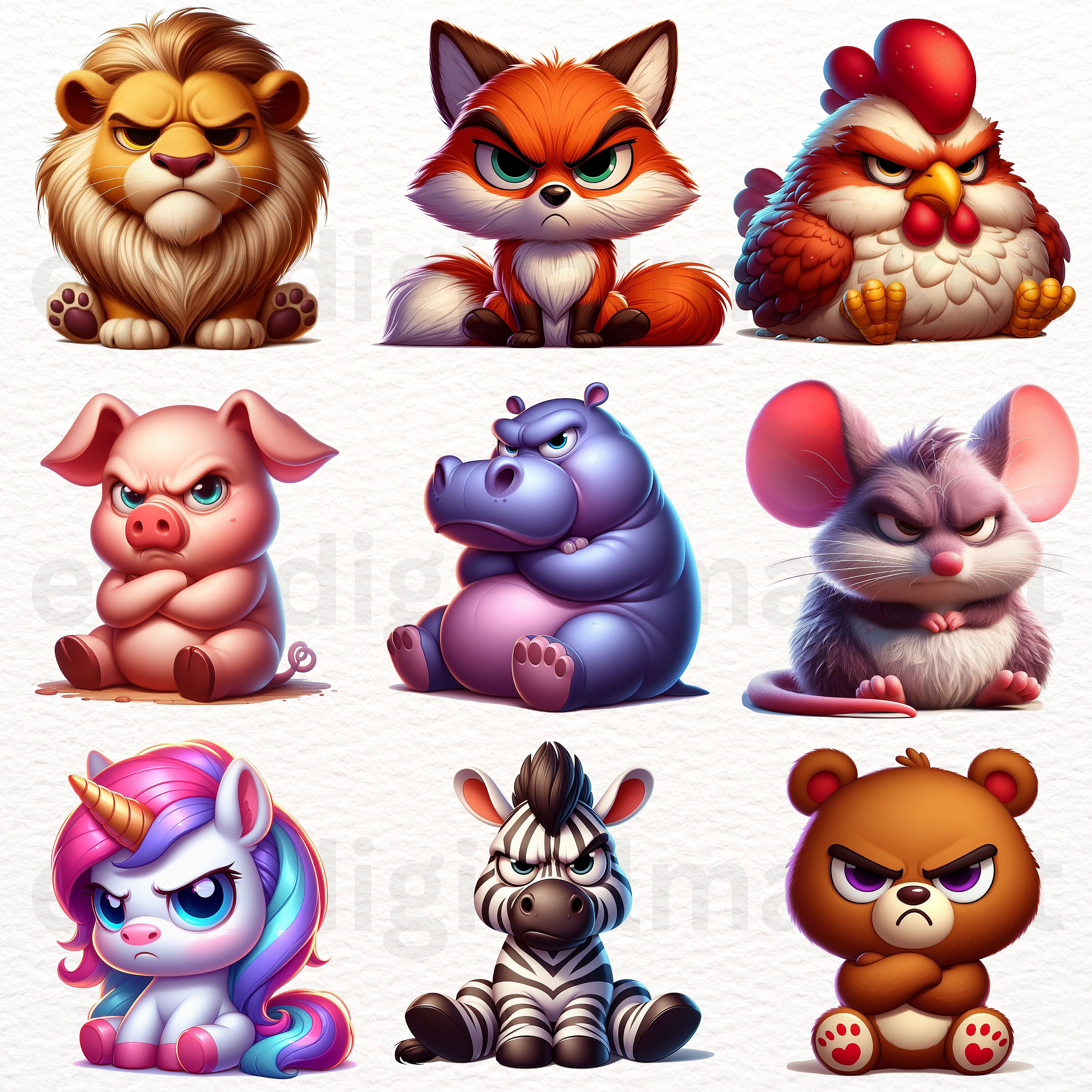 Funny Grumpy Animals Clipart, 23 High Quality PNG Bundle, Cartoon Pet ...