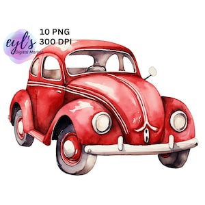Clipart de carro em aquarela, pacote de 10 PNG de alta qualidade, carro de besouro colorido para arte de parede de berçário, imagem de decoração de aniversário de menino, carro Boho