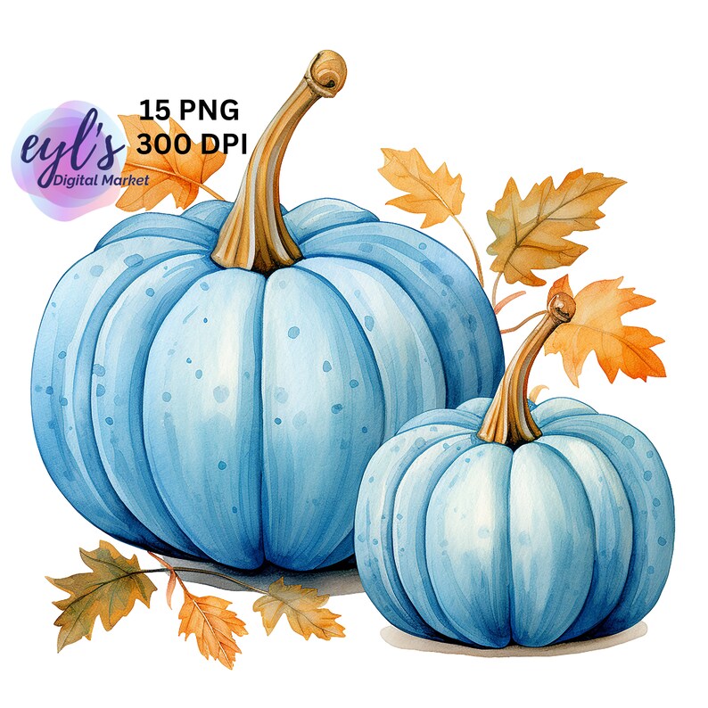 Watercolor Pastel Blue Pumpkin Clipart, 15 High Quality PNG Bundle ...