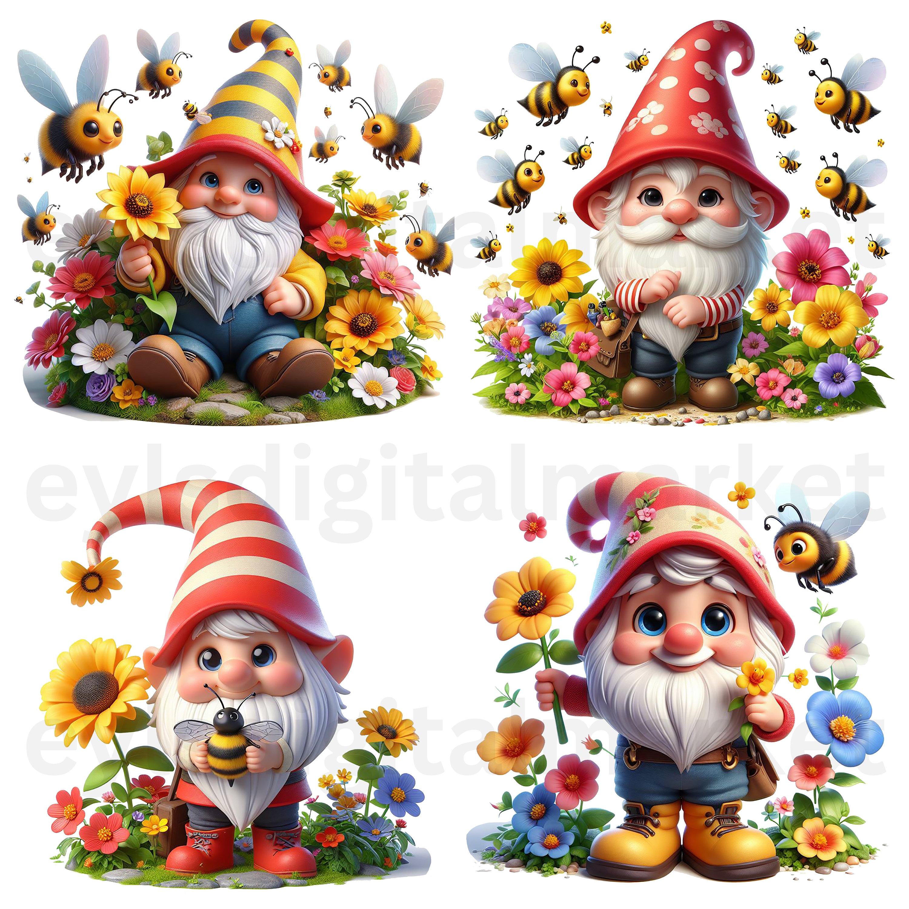 Watercolor Cute Bumble Bee Gnome Clipart, 12 High Quality PNG Bundle ...
