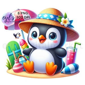 Pinguin im Sommerurlaub Clipart, 8 hochwertige PNG Bundle, lustiges Tier am Strand Grafik, niedlicher Baby Pinguin und Sommer-Kinderzimmer-Wandkunst