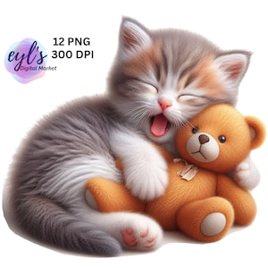 Clipart chat endormi et ours en peluche, lot de 12 PNG de haute qualité, image de chaton endormi mignon, cadeau pour amoureux des chats, impression à usage Commercial, ours en peluche