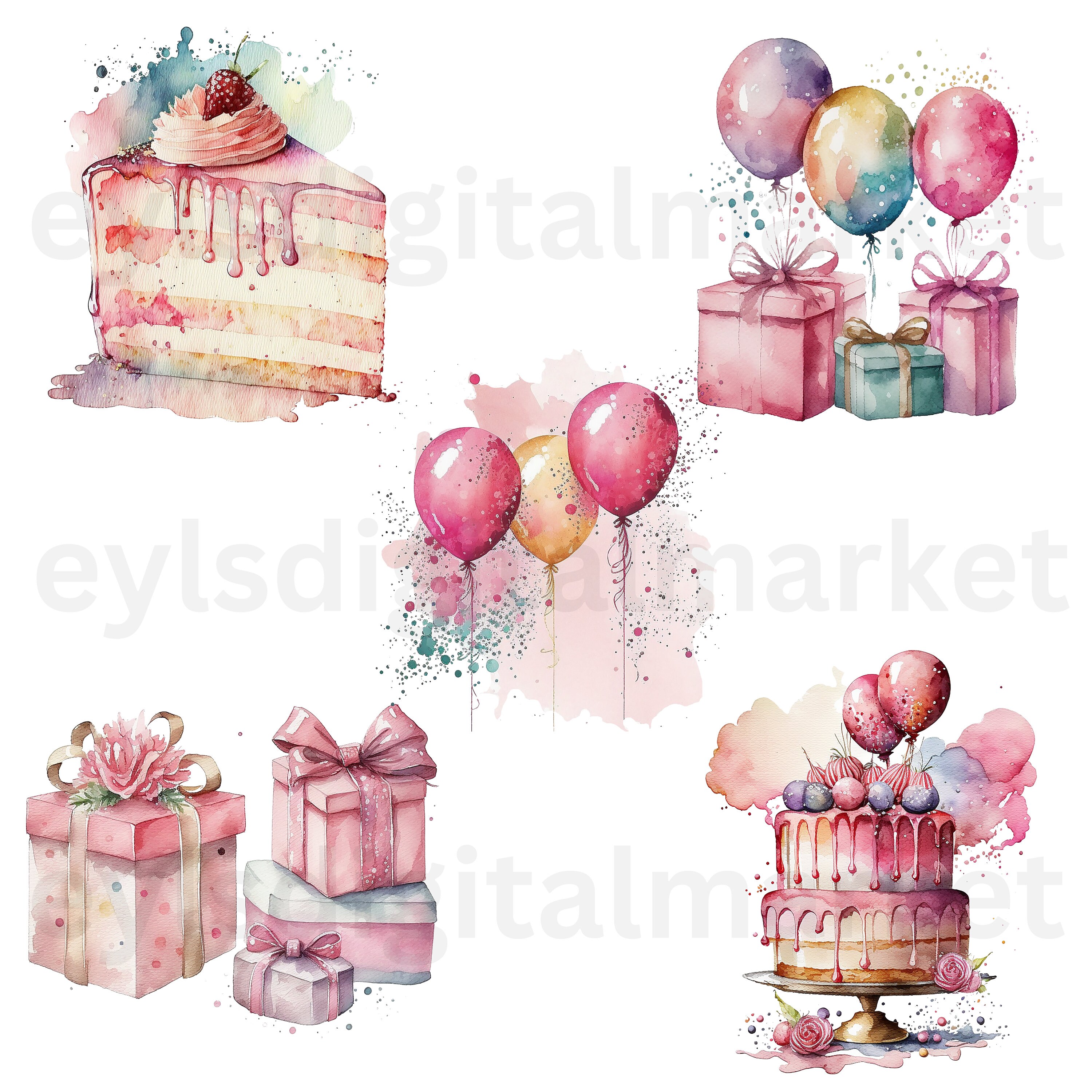 Watercolor Pink Birthday Party Cake Present Balloons Clipart Bundle Of watercolor-pink-birthday-party-cake-present-balloons-clipart-bundle-of