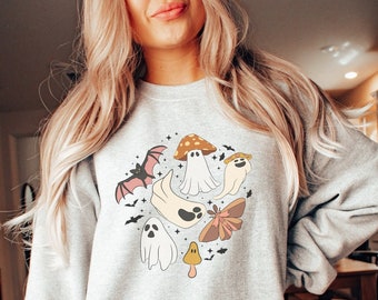 Halloween Doodles Crewneck, Retro Halloween Sweatshirt, Fall Crewneck, Fall Apparel, Halloween Mushroom Sweater, Ghost and Bat Sweatshirt