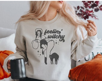Witchy Sweatshirt Halloween Crewneck, Halloween Cat Shirt, Country Crewneck, Black Cat Sweater, Western Clothes Funny Halloween Fall Apparel