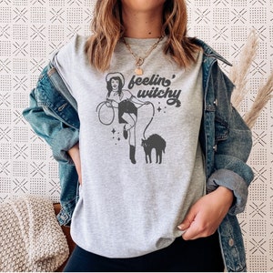 Feeling Witchy Shirt, Halloween Cat Shirt, Cowgirl Tshirt, Funny Halloween Shirts for women, Western Clothes, Fall Apparel, Witchy gift