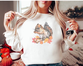 Squirrel sweatshirt, Fall Crewneck, Cottagecore Sweater, Squirrel Blouse, Light Academia Shirt, Woodland Animals, Squirrel gift,Alt clothing
