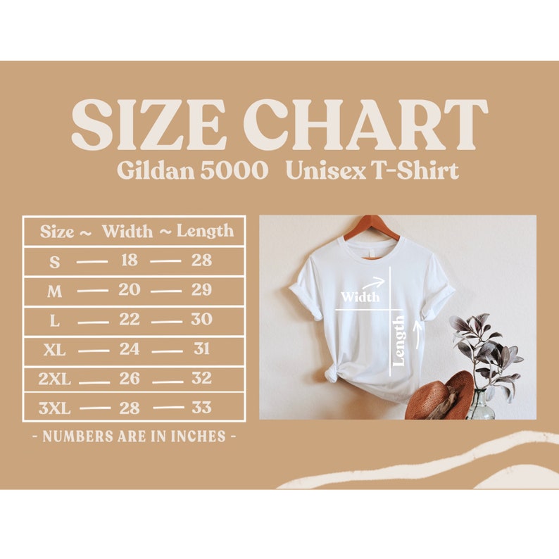 May include: Size chart for a Gildan 5000 unisex t-shirt. The chart shows the width and length in inches for sizes S, M, L, XL, 2XL, and 3XL. An image of a white t-shirt on a hanger shows how to measure width and length.