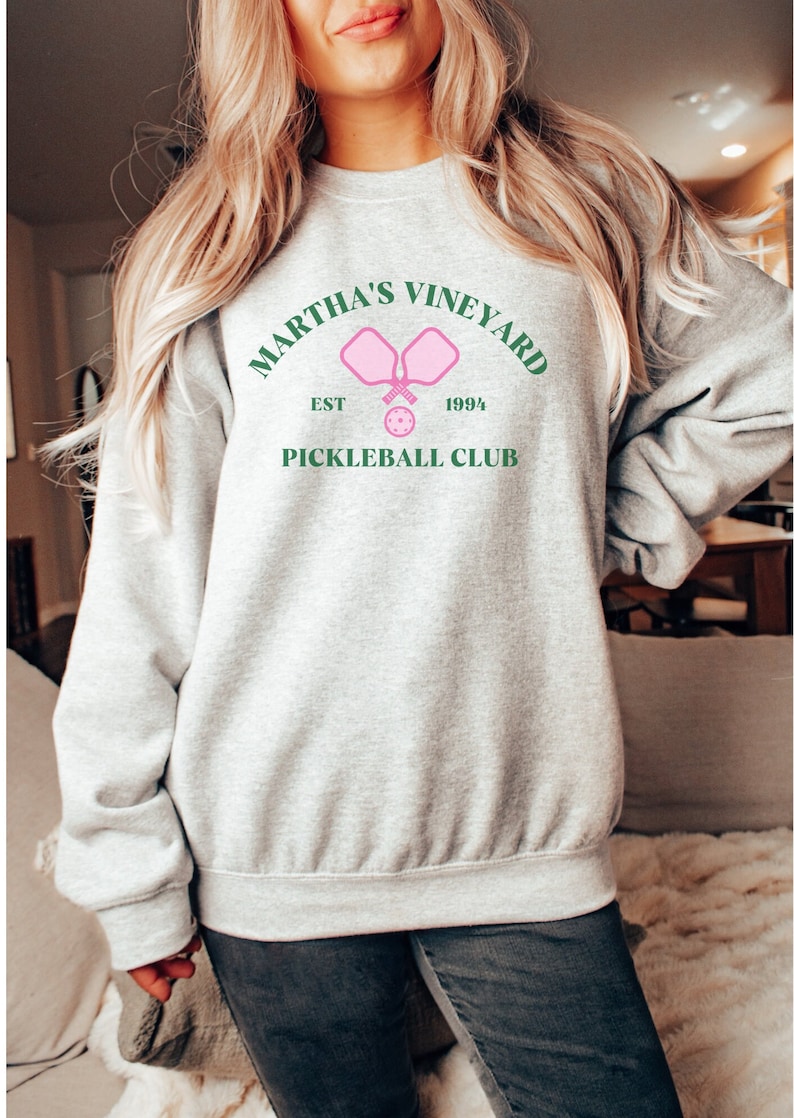 May include: Gray sweatshirt with a green and pink graphic that says "Martha's Vineyard Est. 1994 Pickleball Club".
